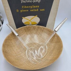 Vintage Mid Century Thermo-Temp 3 Piece Salad Set 12" Bowl Utensils Fiberglass